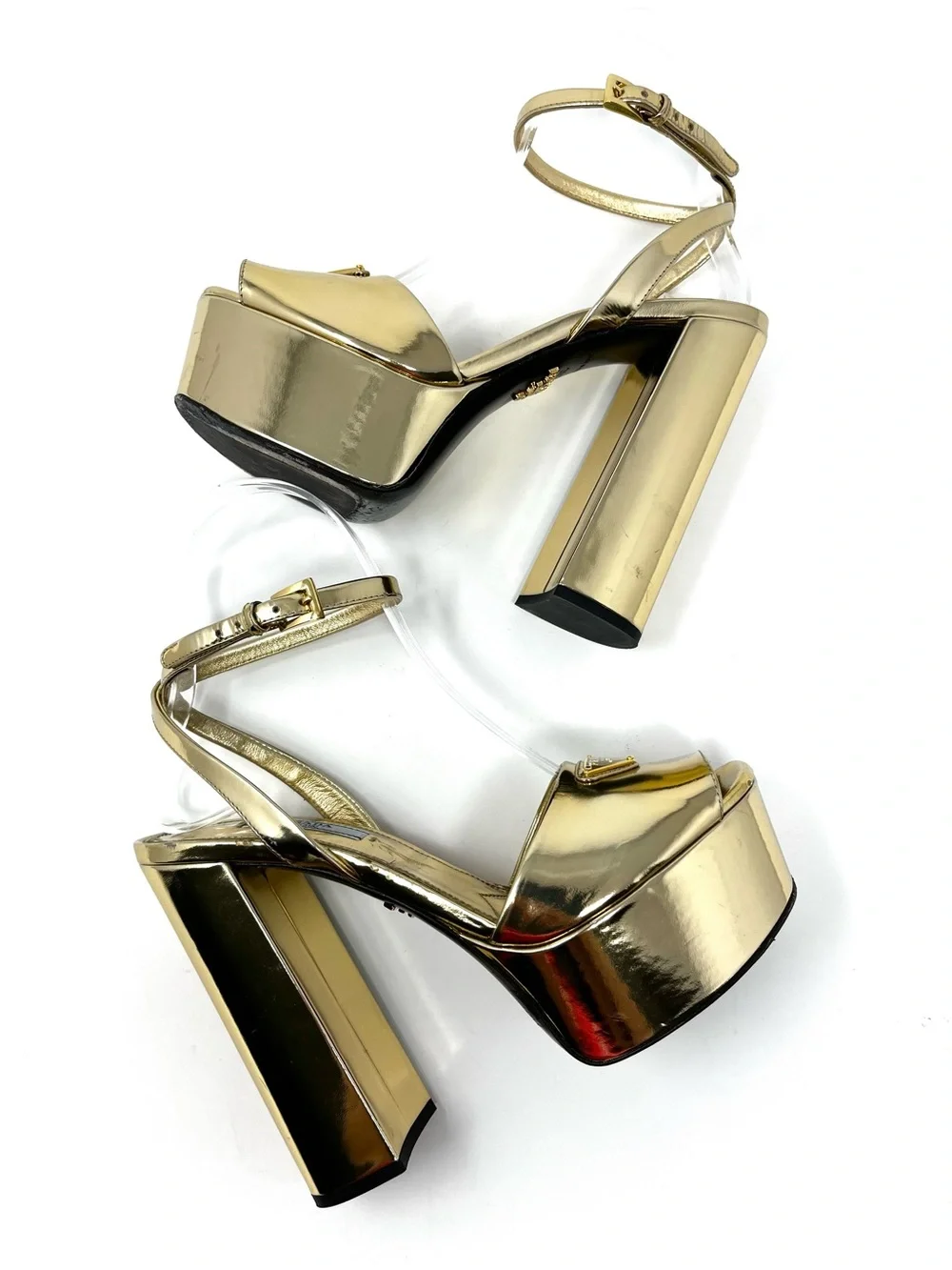 Prada Gold Metallic Leather Triangle Logo Strappy Platform Sandals Heels 36.5